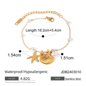 Fashion Jewelry 18K Gold Stainless Steel Pearl Chain Summer Holiday Shell Starfish Pendant Bracelet - Image 7